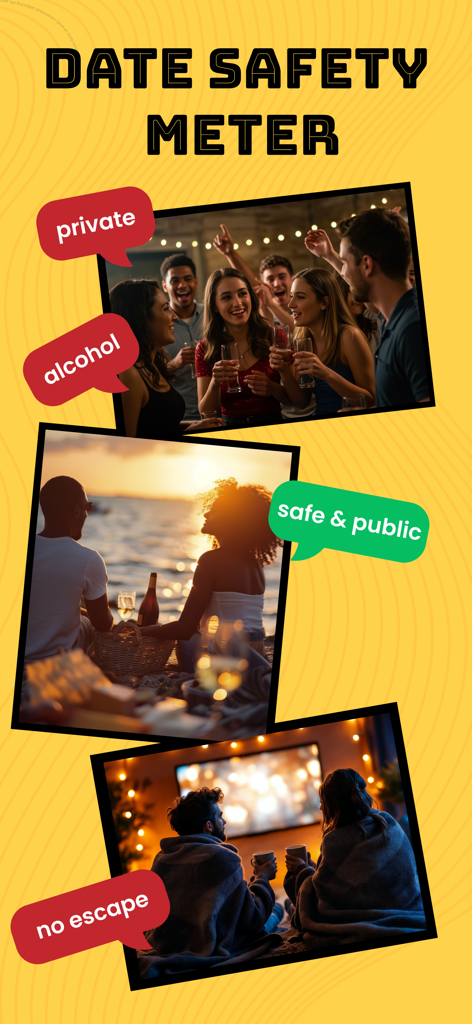 Honest Tea app Date Safety Meter screen showing examples of safe versus risky date environments with red and green flags