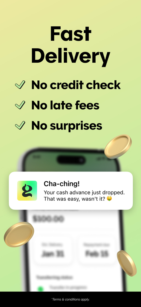 Grant Cash Advance - Schermata dell'app Grant Cash Advance che mostra la notifica di consegna veloce con i vantaggi di nessun controllo del credito e nessuna commissione per ritardi