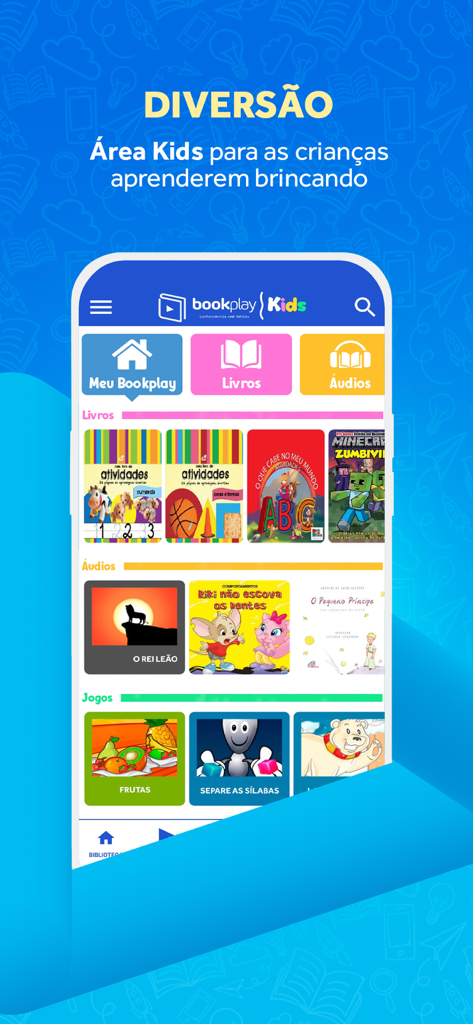 Bookplay - Uma tela de celular mostrando a área infantil do Bookplay com categorias de livros infantis, audiolivros e jogos educativos em português.