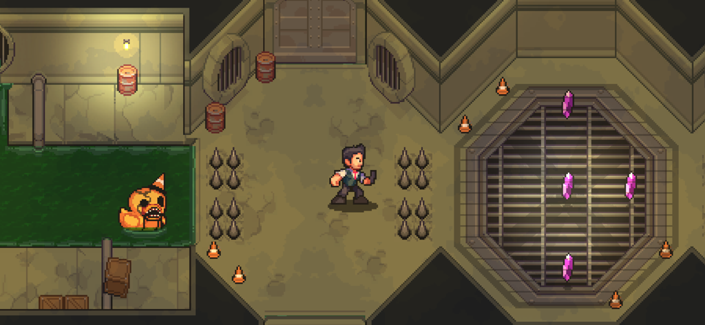 Super Dark Deception - Jogabilidade em pixel art retrô mostrando um personagem em um labirinto de esgoto escuro com um monstro pato e cristais roxos