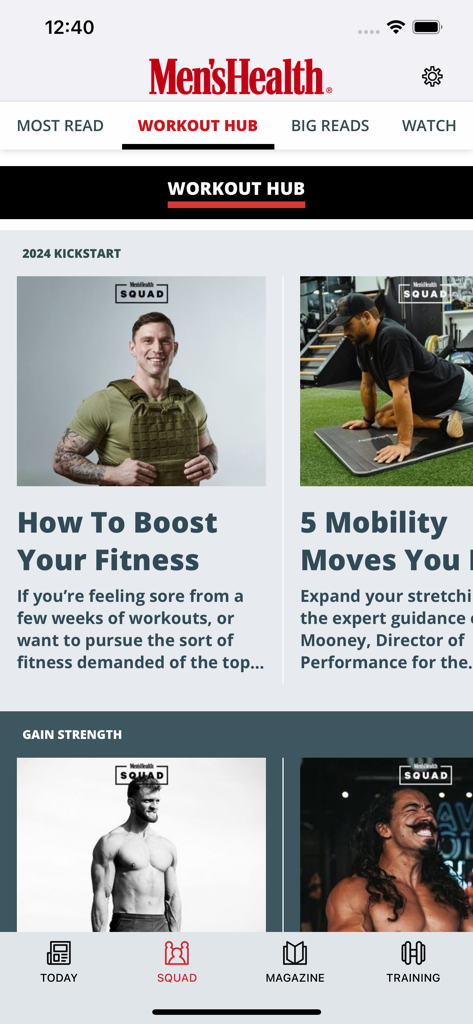Men's Health UK - フィットネスとモビリティに関する記事を表示するワークアウトハブセクションのMen's Health UKアプリのインターフェース