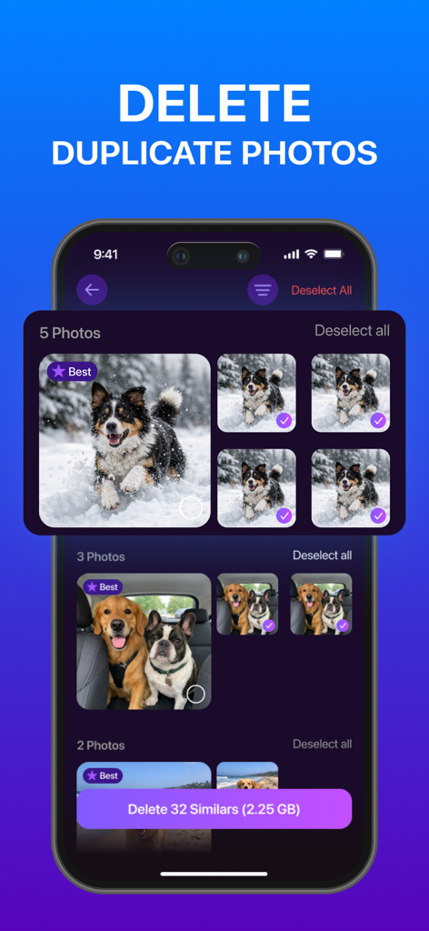 A mobile interface showing grouped similar photos of dogs with a button to delete 32 duplicates and free up 2.25 GB of storage space