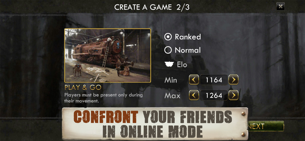 Pantalla de creación de partidas en línea en Scythe Edición Digital que muestra opciones de partidas clasificadas y normales con ajustes Elo.