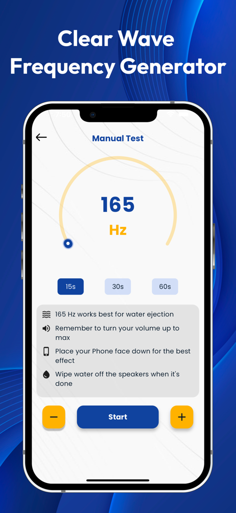 Speaker Cleaner - Water eject° - Una interfaz móvil para la aplicación Speaker Cleaner mostrando una prueba manual a 165 Hz para expulsar agua.