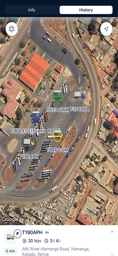 Waw Group - Satellite map view showing live GPS tracking of multiple trucks with identification labels