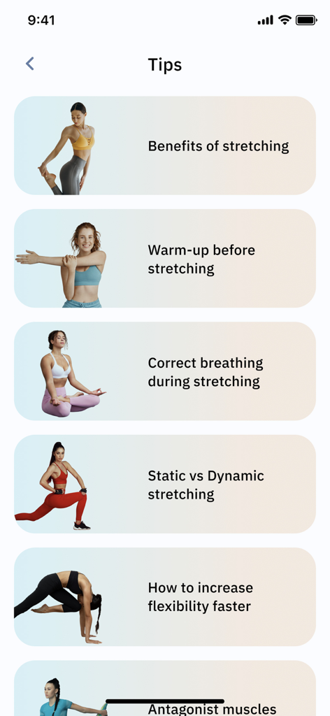Mobile app interface showing a list of stretching tips and professional guidance for flexibility training