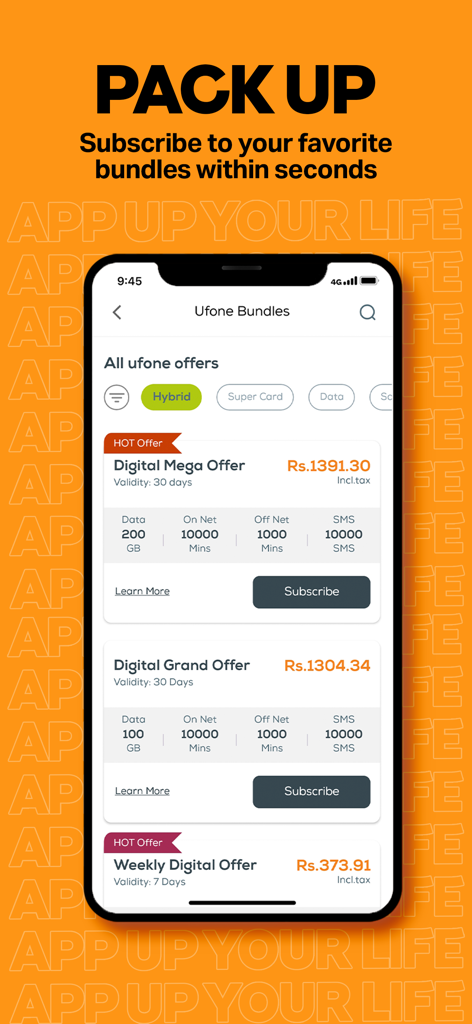 UPTCL- App Up Your Life! - A mobile interface for the UPTCL app displaying various Ufone mobile data and call bundles for easy subscription.