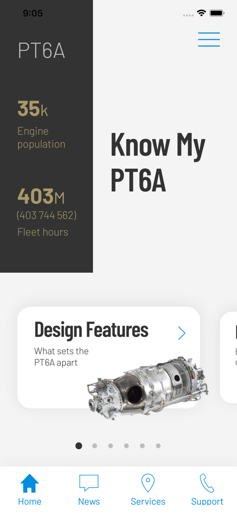 Interface do aplicativo Know My PT6A exibindo estatísticas do motor e recursos de design
