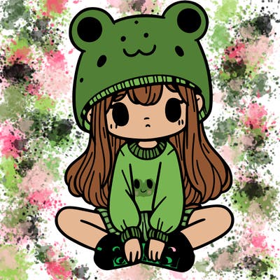 a girl wearing a frog hat and some frog socks