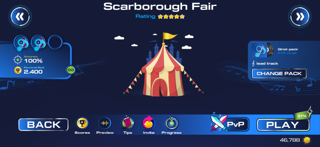 Ginst - Music Game - Ginst music game song selection screen for Scarborough Fair showing accuracy and personal best stats