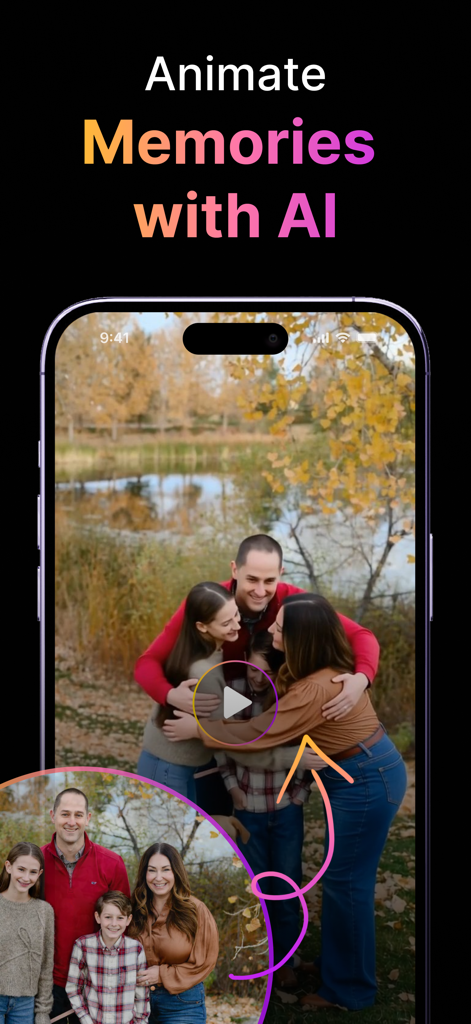 PixGen - AI Video Generator - PixGenアプリのインターフェース、AIを使用した家族の思い出のアニメーション化方法を実演