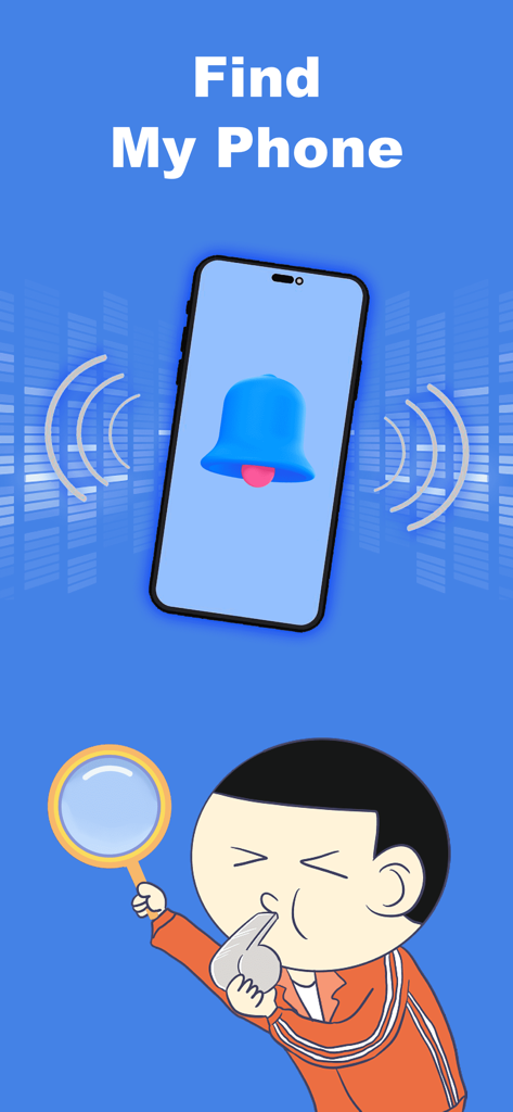 WTMP - Who unlocked my phone? - Find My Phone screen showing a ringing bell and a cartoon character searching with a magnifying glass and a whistle