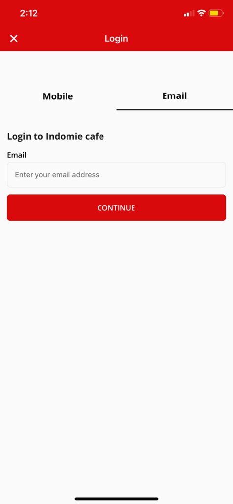 Indomie Cafe - Indomie Cafe app login screen with email and mobile login options