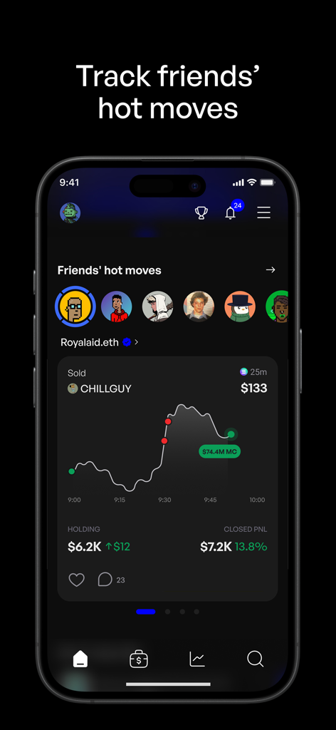 0xPPL - 0xPPL app interface showing a social feed of friends trading activity and profit loss charts