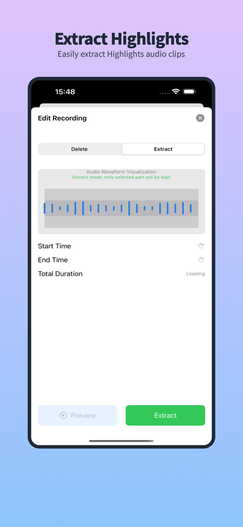 RecordIn - The RecordIn app interface for editing and extracting highlights from an audio recording showing a waveform visualization.