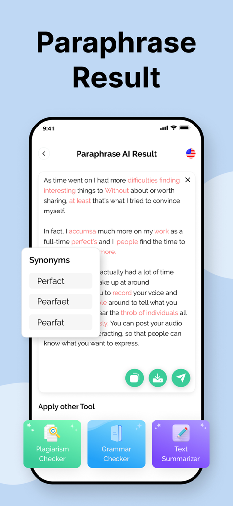Plagiarism Checker -Prepostseo - Interface of the Prepostseo app showing paraphrased text and synonym suggestions
