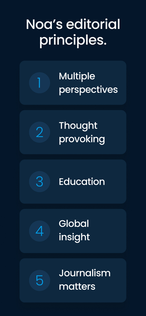 Noa: Listen to audio articles - 多角的な視点やグローバルなインサイトなど、Noaアプリの5つの編集原則のリスト