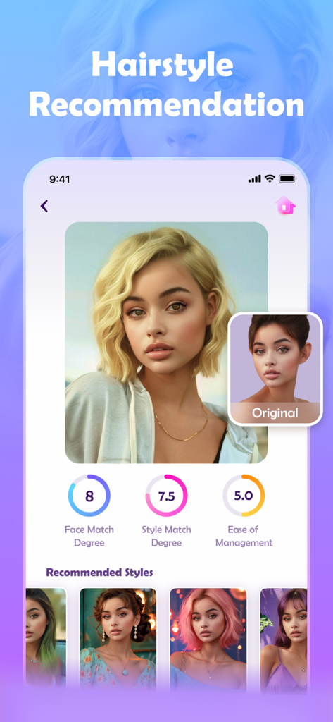 CoCola: AI generation tools - CoCola app showing AI hairstyle recommendation with face match and style match scores