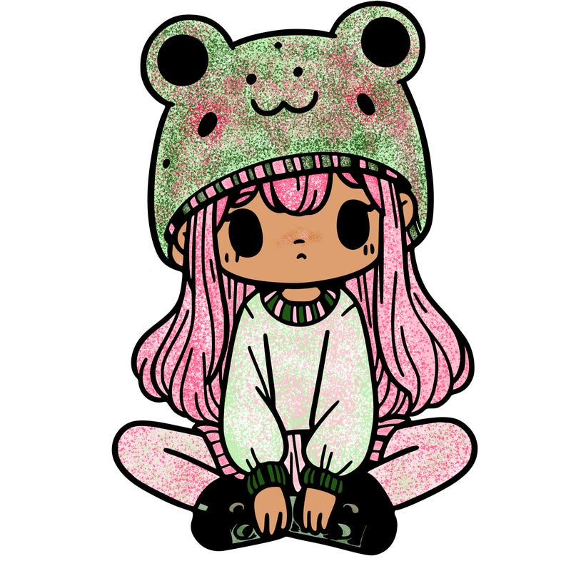 a girl wearing a frog hat and some frog socks