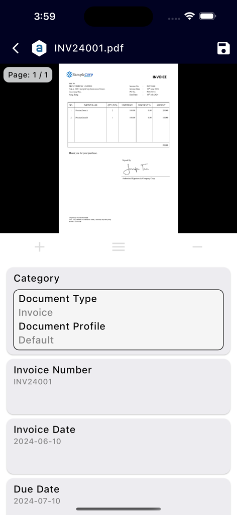 Antelope AI Capture - Antelope AI Capture app extracting data from an invoice document