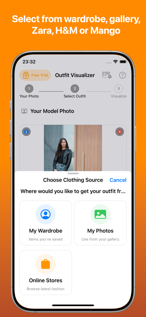 AI Clothe Changer: FashFit - Interface of FashFit app showing clothing source selection options for virtual try-on including wardrobe, photos, and online stores
