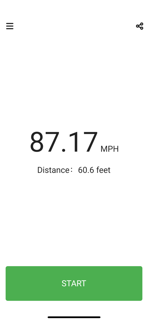Simple Speed Gun - Simple Speed Gun app interface showing a speed reading of 87.17 MPH for a baseball distance of 60.6 feet
