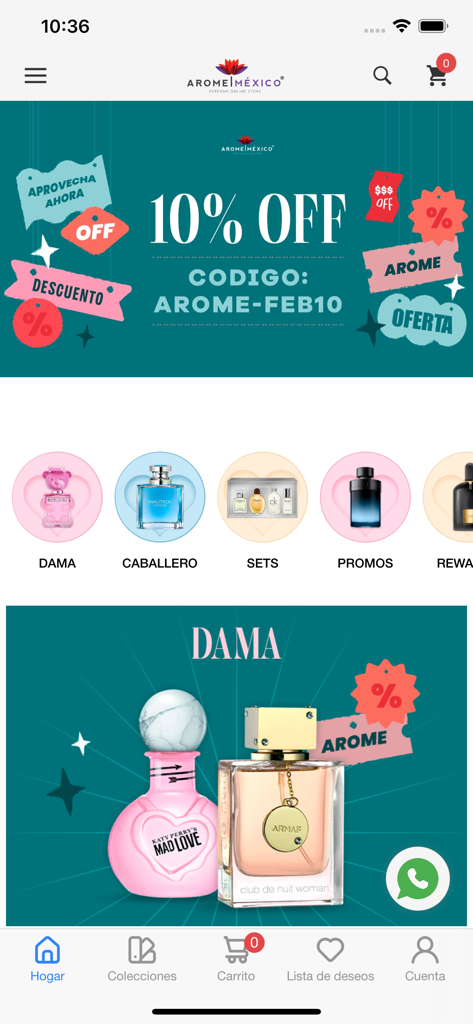 Interfaccia dell'app mobile Arome Mexico che mostra categorie di profumi di lusso e un banner di sconto del 10 percento