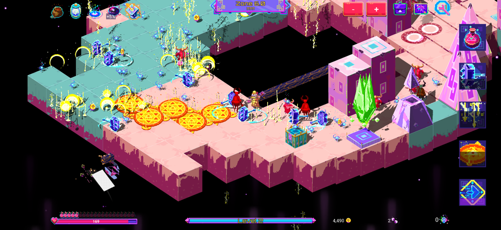 Neon Spellstorm - Un mago lanza hechizos brillantes contra enemigos en un mundo de neón isométrico con terreno de vóxeles.