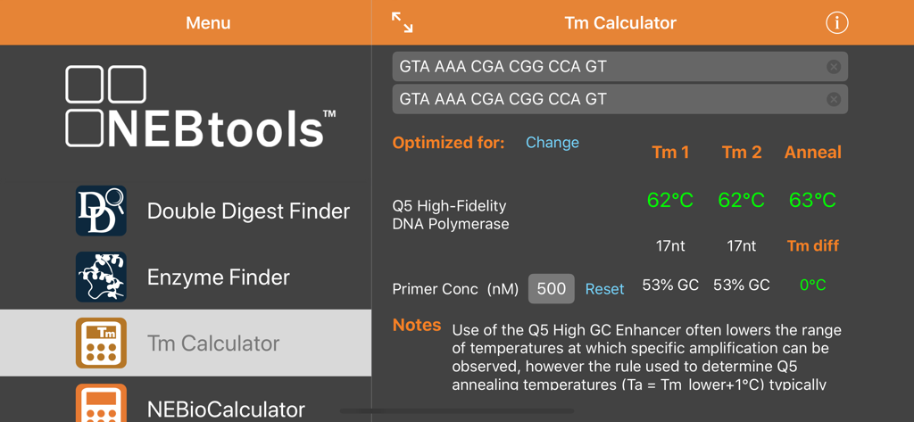 NEB Tools - Interface of the NEB Tools Tm Calculator showing DNA primer sequences and calculated annealing temperatures for PCR.