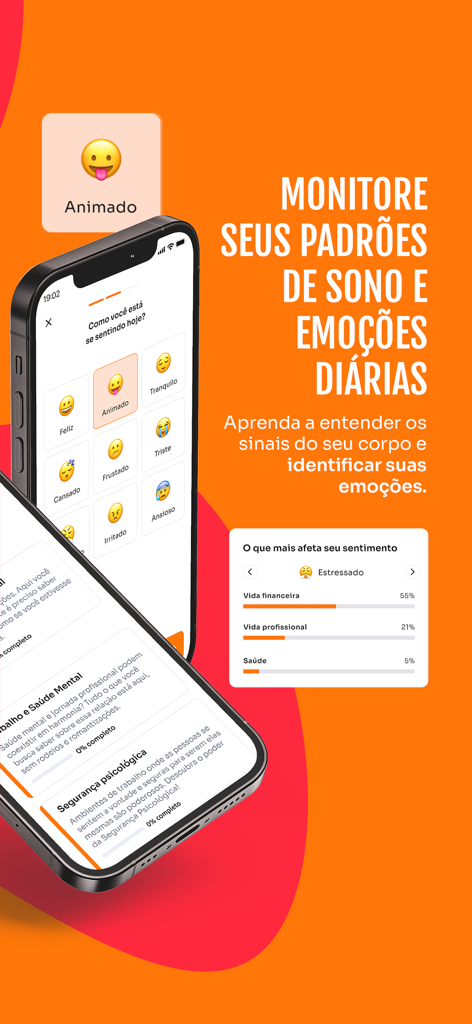 Exibição do smartphone mostrando o recurso de rastreamento de humor do aplicativo Vittude com emojis e análise de saúde emocional