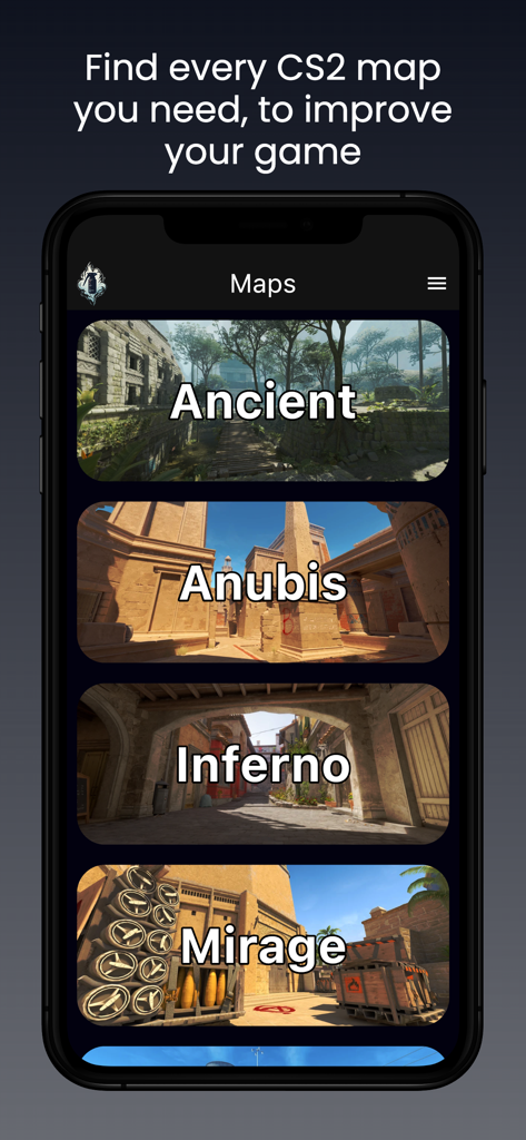 Util Master -CS2 Utility guide - Un écran mobile affichant une liste de cartes Counter-Strike 2, y compris Ancient, Anubis, Inferno et Mirage dans l'application Util Master
