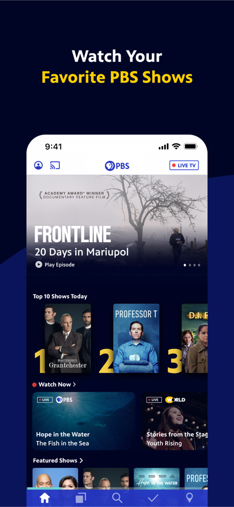 Home screen of the PBS app featuring documentaries and top television shows