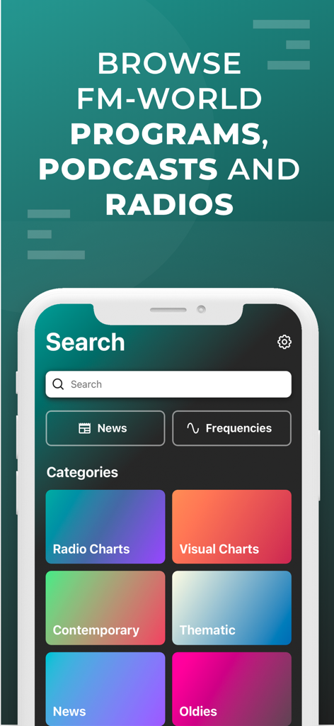 FM-world Radio app search screen showing categories for news frequencies and music charts