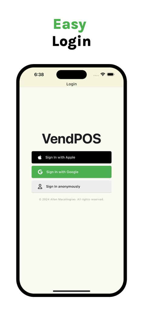 VendPOS - Tela de login do aplicativo móvel VendPOS com opções rápidas para entrar com Apple, Google ou anonimamente.
