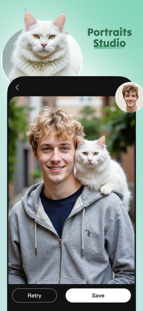 Meow AI: pet photo video maker - Retrato generado por IA de un joven con un gato blanco en el hombro en la interfaz de la aplicación Meow AI