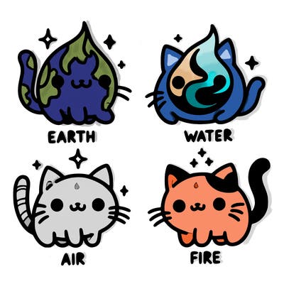 4 cats that represent the different elements, earth, water, air, and fire