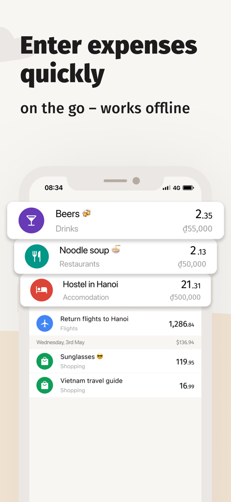 TravelSpend app interface showing travel expenses like food and accommodation in Vietnam tracked offline with currency conversion