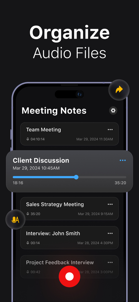 Voice Memos: AI Note Recorder - Pantalla de aplicación móvil que muestra una lista de grabaciones de audio organizadas y notas de reuniones en una interfaz de modo oscuro