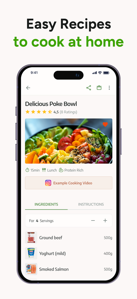 Interfaz de la aplicación móvil mostrando una receta de poke bowl con lista de ingredientes y enlace a video de redes sociales