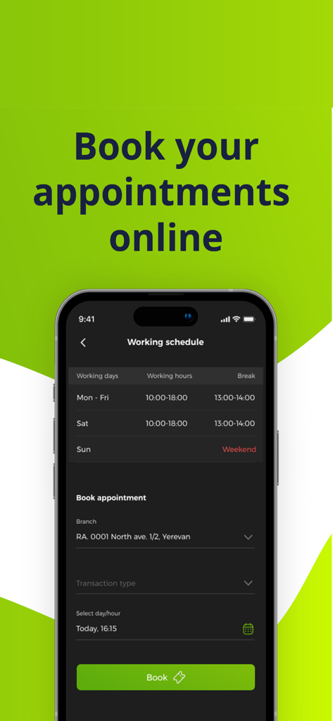 Ucom mobile app interface for booking online appointments at service centers in Armenia