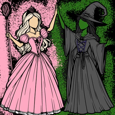 detailed realistic split of a princess and a witch
