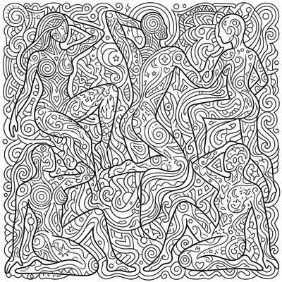 Discover the captivating beauty of abstract human figures in this intricate coloring template. Immerse yourself in a world of flowing lines and detailed patterns, designed to spark your imagination and provide a relaxing artistic escape.
