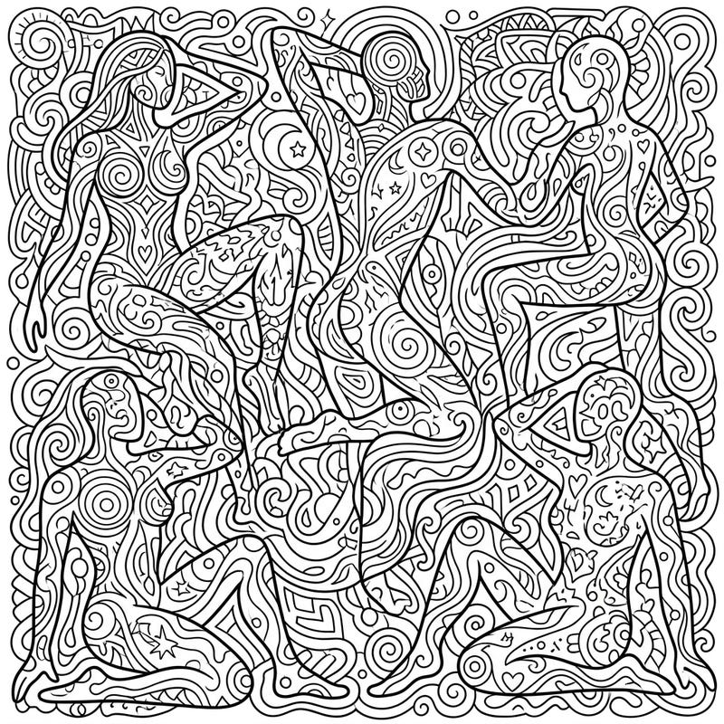 Discover the captivating beauty of abstract human figures in this intricate coloring template. Immerse yourself in a world of flowing lines and detailed patterns, designed to spark your imagination and provide a relaxing artistic escape.