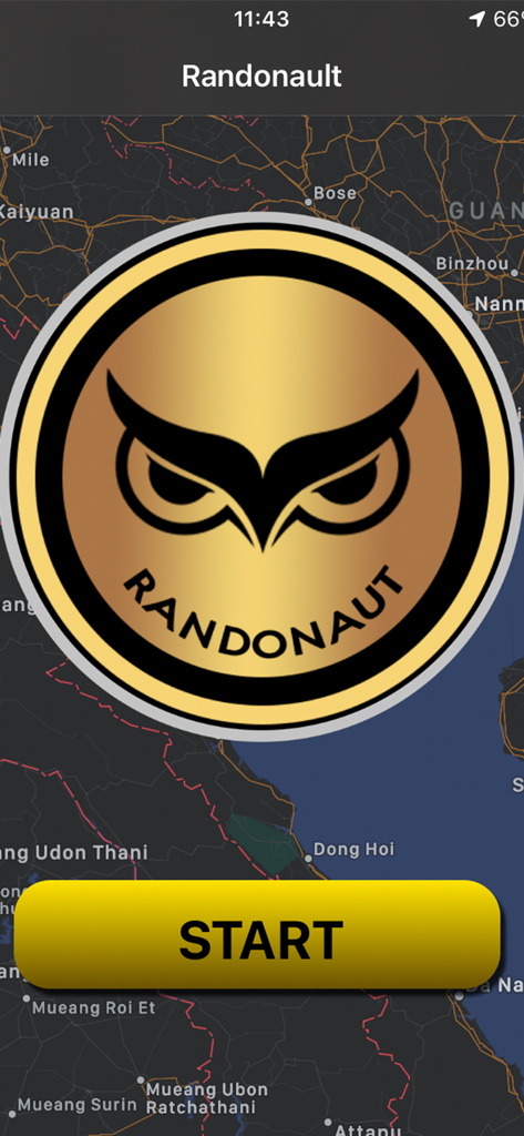 Startbildschirm der Randonauting Location App mit einem goldenen Eulenlogo und einem gelben Startknopf.