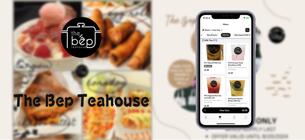 The Bep Teahouse - Mobile app interface of The Bep Teahouse showing a menu of milk teas and photos of Vietnamese snacks