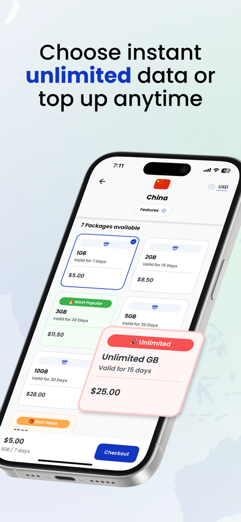 aloSIM: 5G Prepaid Travel eSIM - Schermata dello smartphone dell'app aloSIM che mostra vari pacchetti dati eSIM prepagati per la Cina, inclusa un'opzione dati illimitati