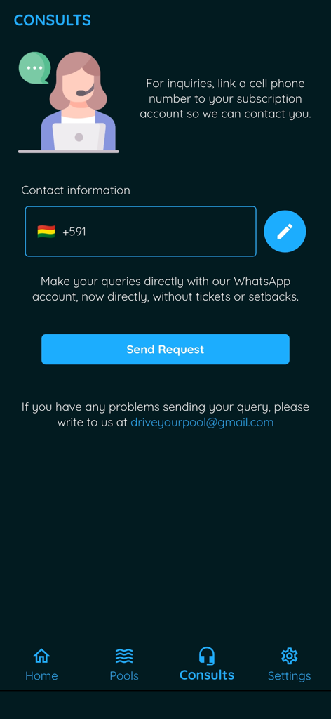 Swimming Pool Calculator - スイミングプール計算機アプリの相談ページ。カスタマーサポートへの連絡オプションが表示されます。