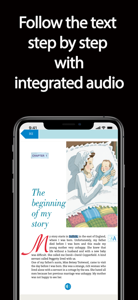 Schermo del cellulare che mostra la pagina di un libro digitale con illustrazioni e un pulsante di riproduzione audio per l'ascolto integrato