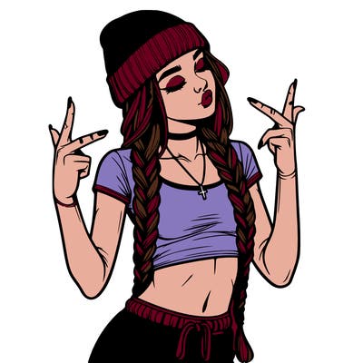 realistic teenage girl with braids and a beanie and crop top doing 🫶🏼