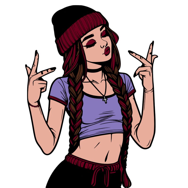 realistic teenage girl with braids and a beanie and crop top doing 🫶🏼